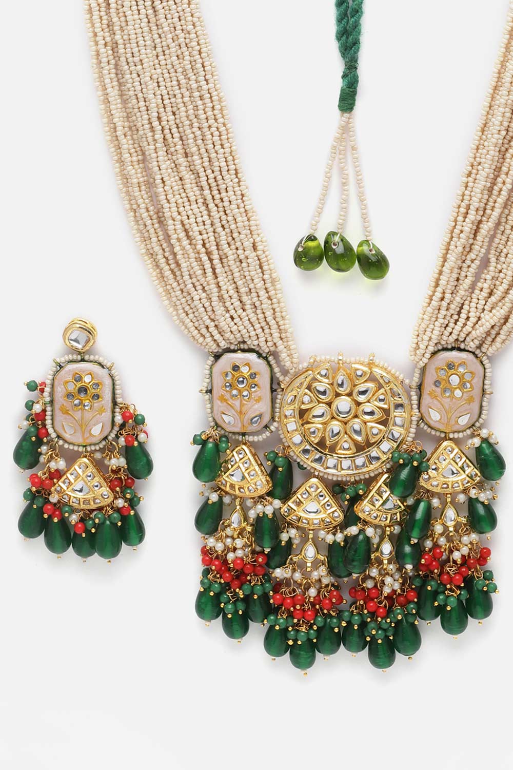 Green And White Kundan And Pearls Necklace And Earring Set