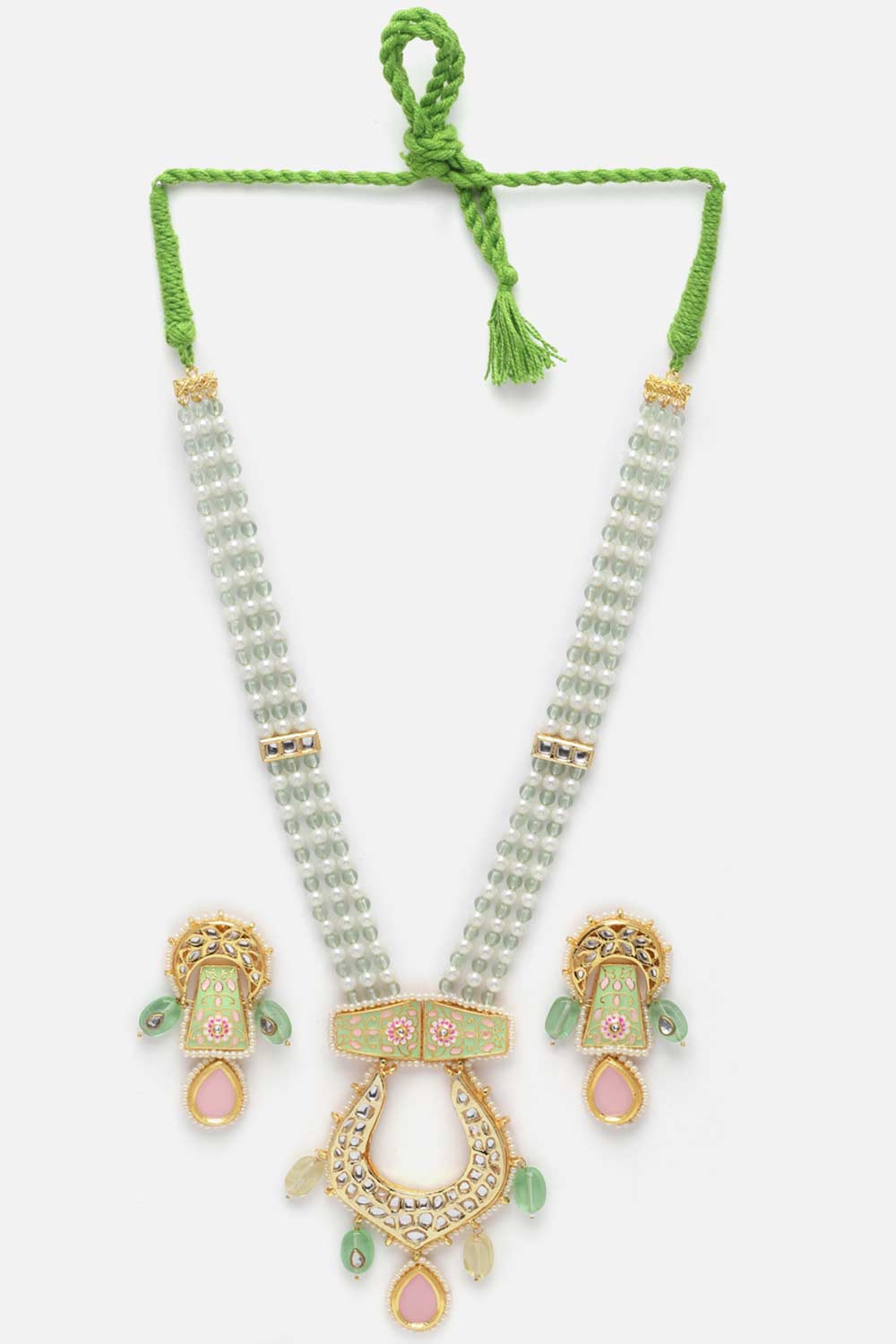 White And Green Kundan And Pearls Necklace And Earring Set