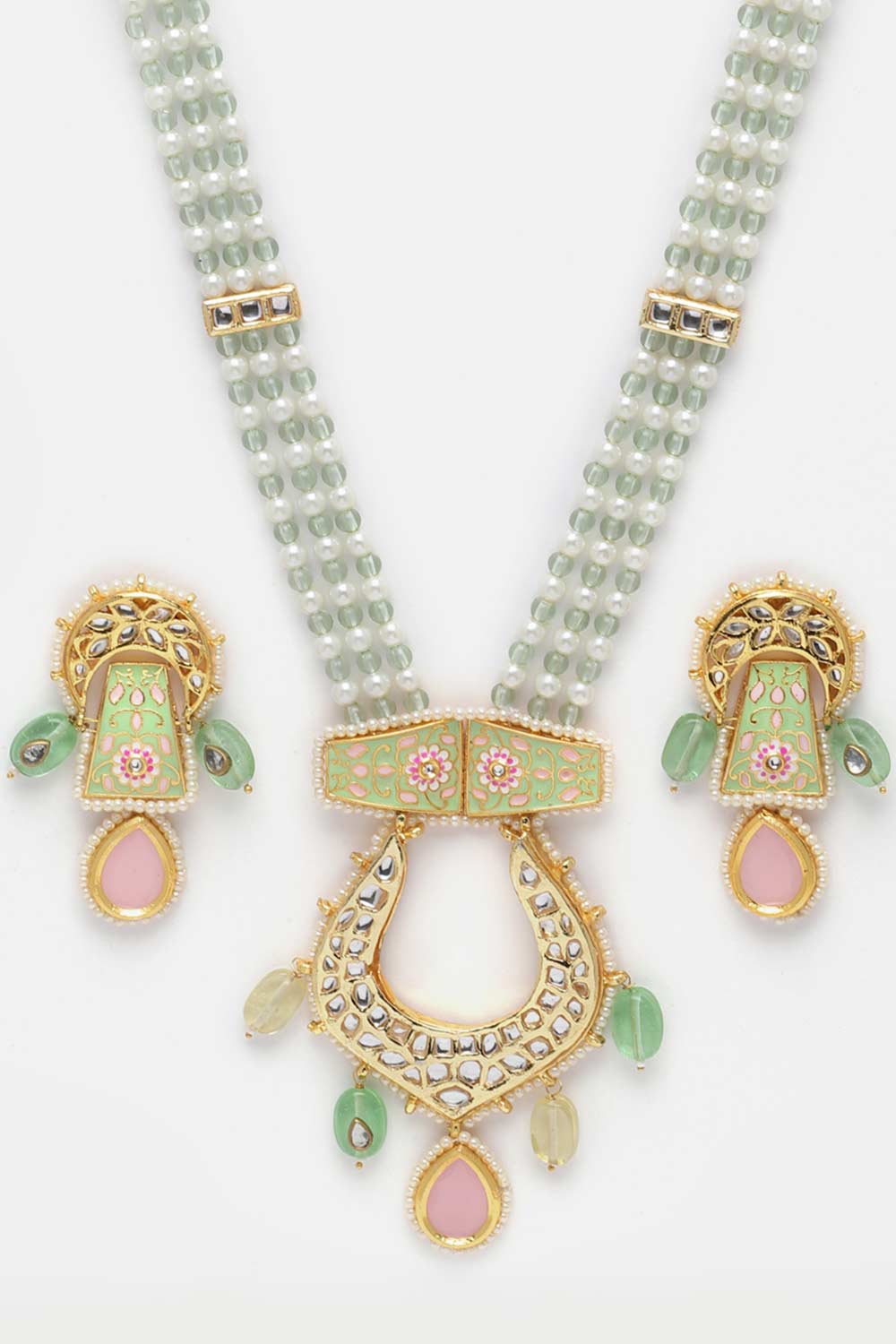 White And Green Kundan And Pearls Necklace And Earring Set