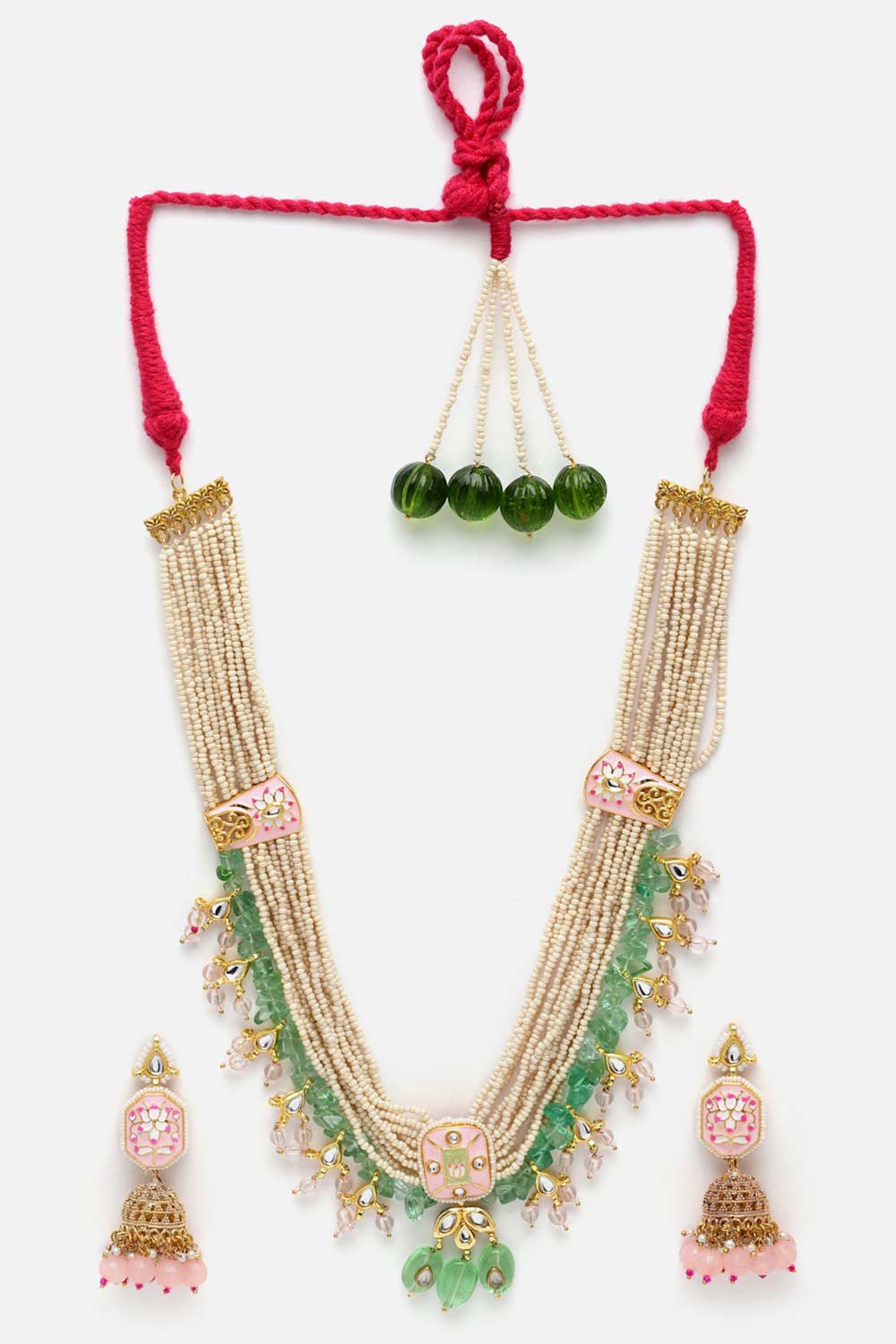 White And Green Kundan And Pearls Necklace And Earring Set