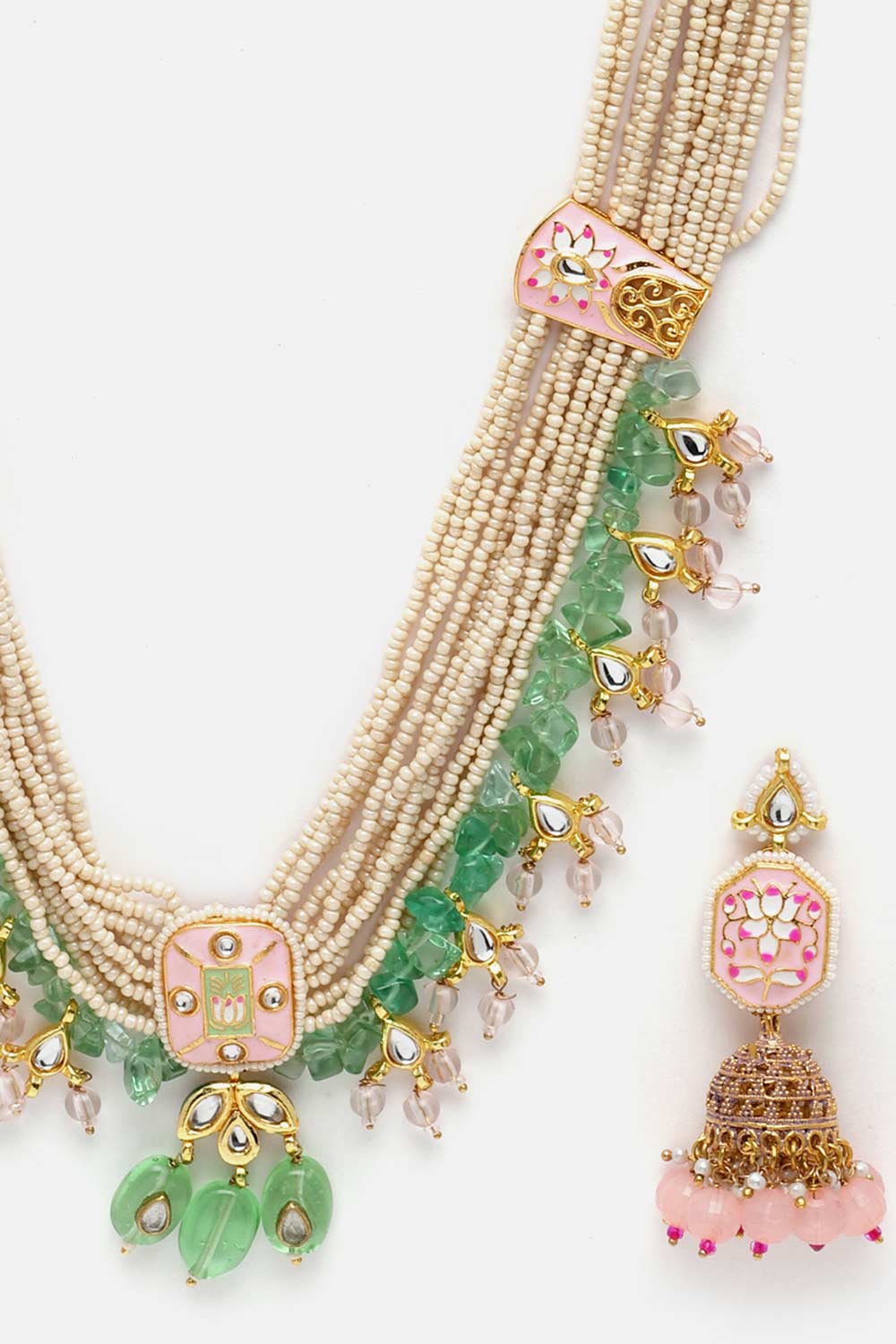 White And Green Kundan And Pearls Necklace And Earring Set