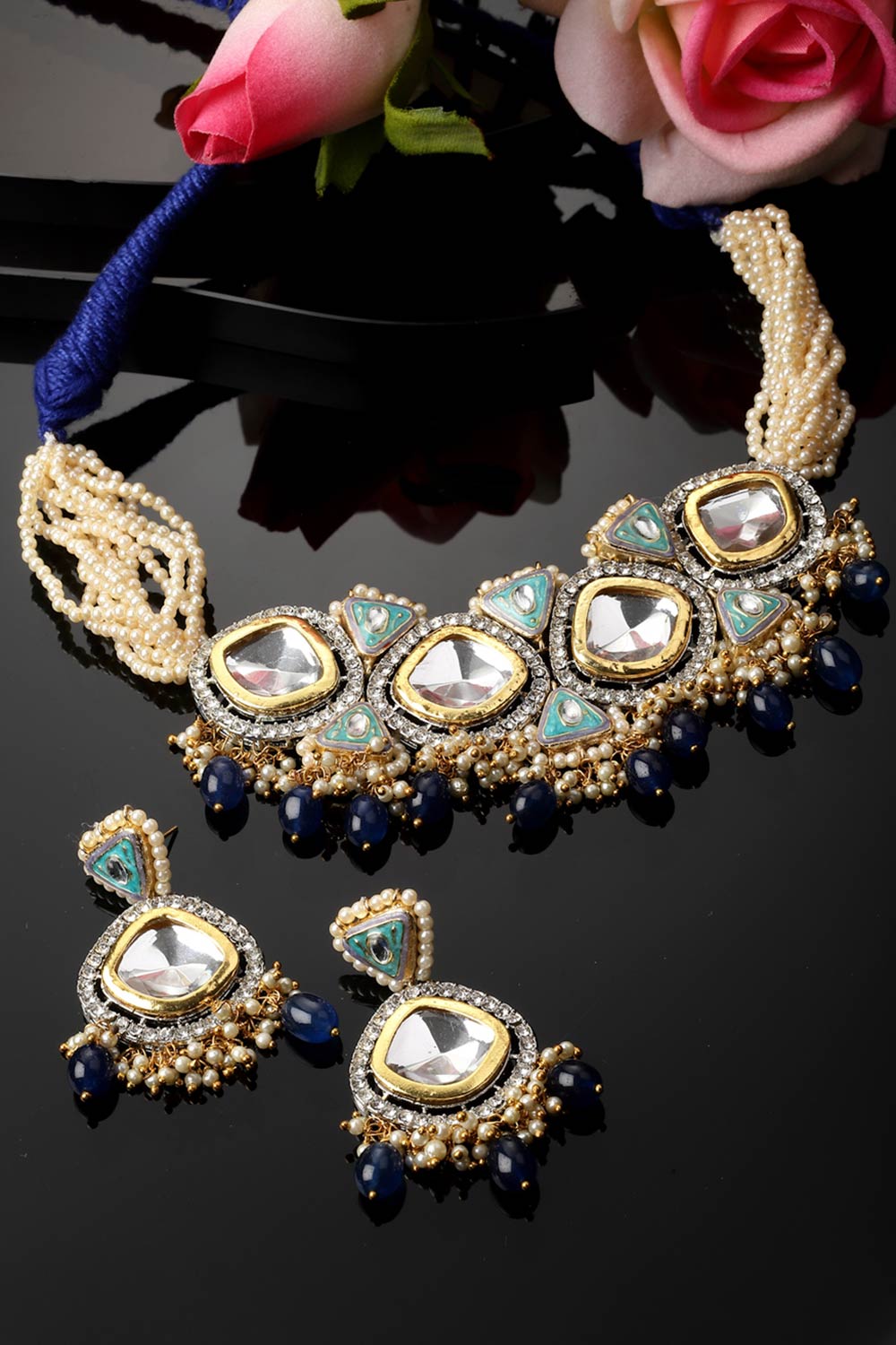 Blue And Green Necklace With Earring Jewelry Set With Kundan And American Diamonds