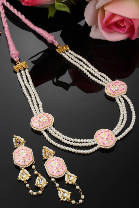 Pink And Gold Necklace With Earring Jewelry Set With Kundan And Pearls