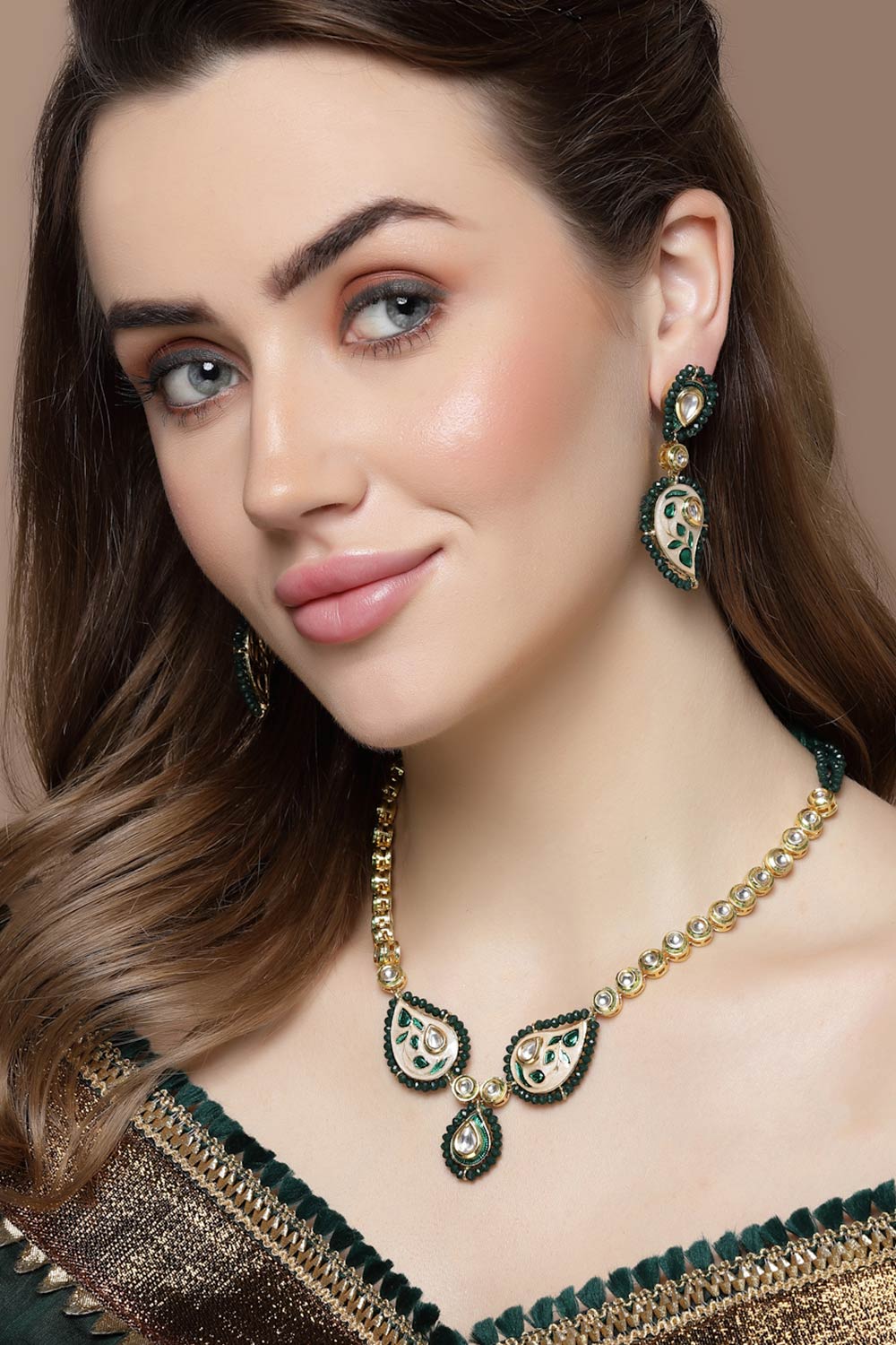 Green And Cream Necklace With Earring Jewelry Set With Kundan And Pearls