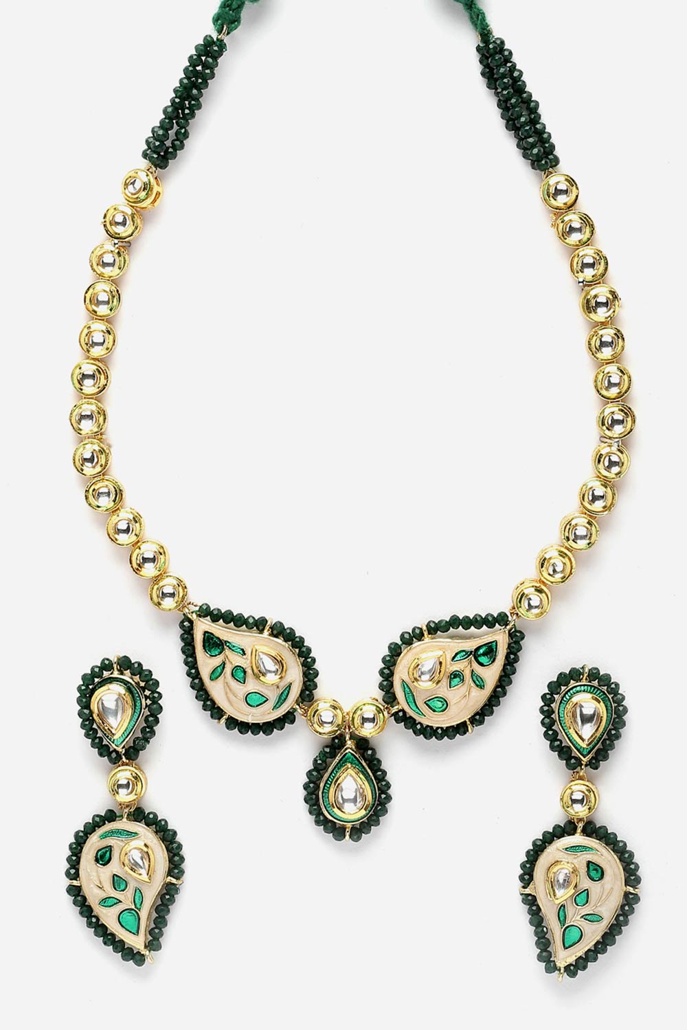 Green And Cream Necklace With Earring Jewelry Set With Kundan And Pearls