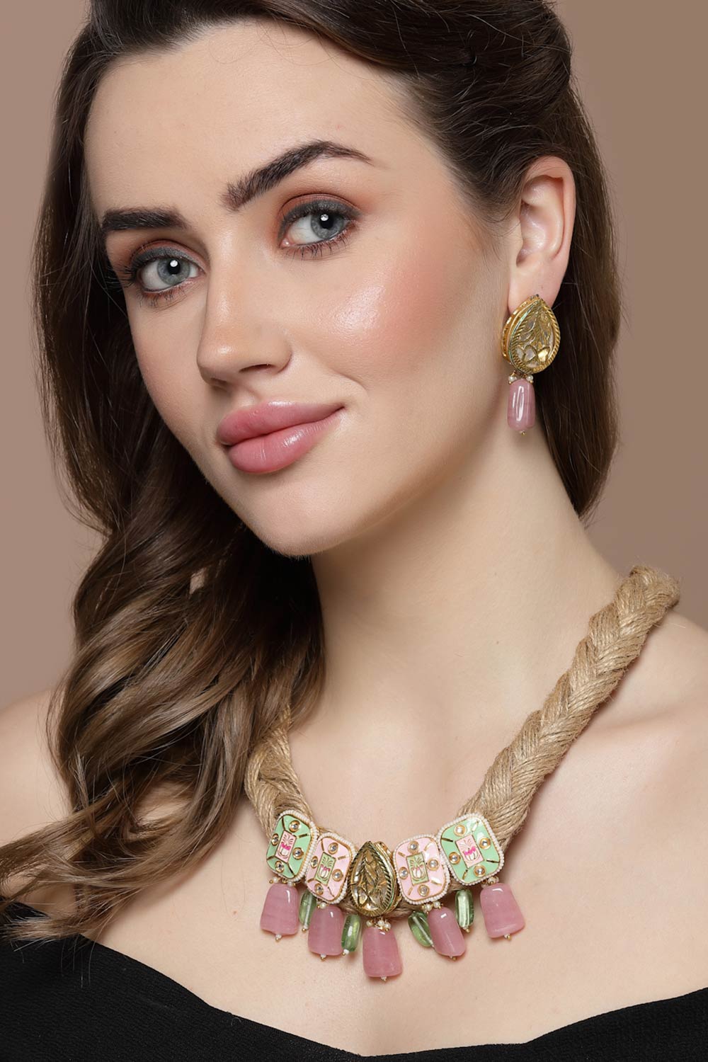 Green And Pink Necklace With Earring Jewelry Set With Kundan And Pearls