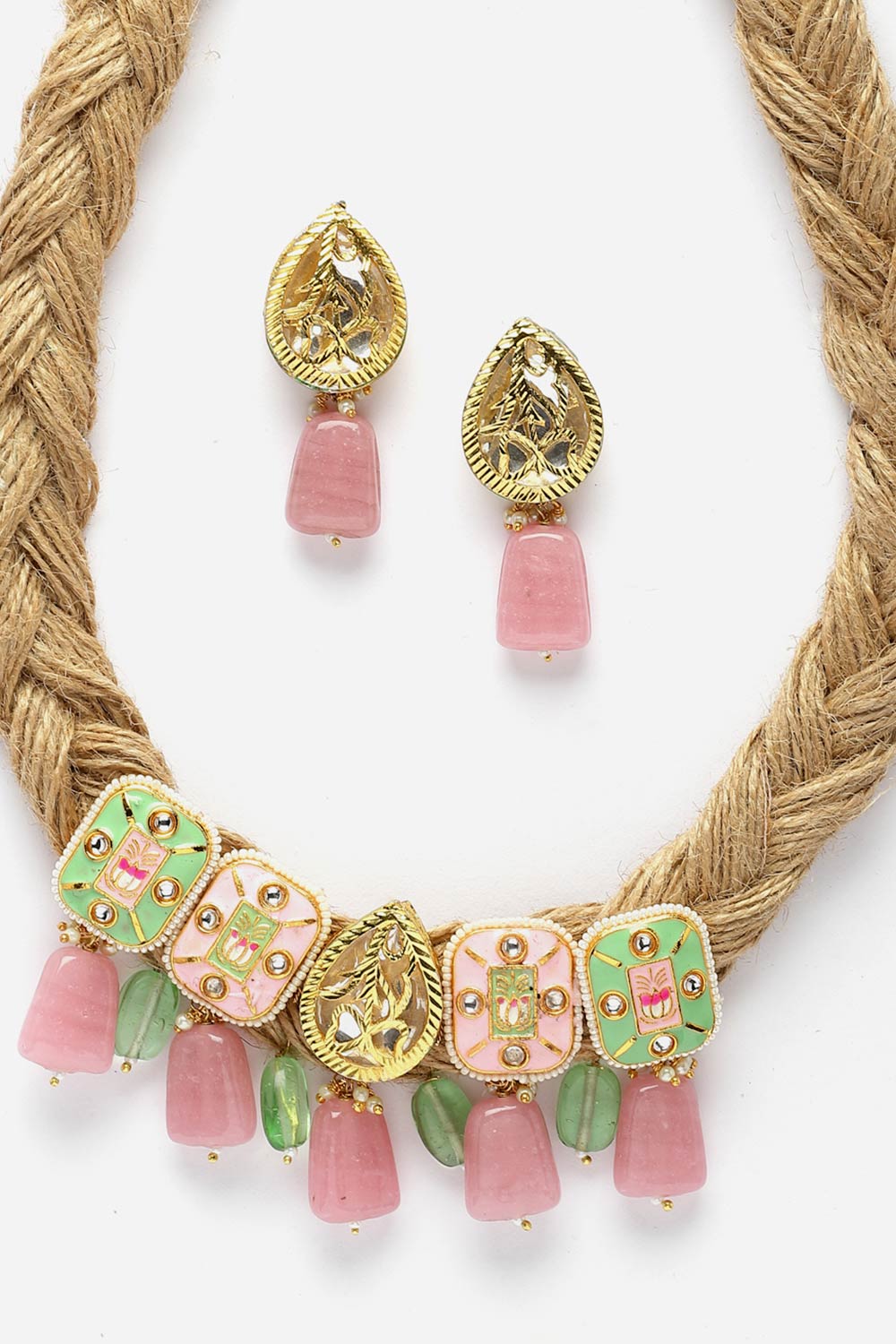 Green And Pink Necklace With Earring Jewelry Set With Kundan And Pearls