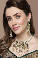 Green And White Necklace With Earring Jewelry Set With Kundan And Pearls