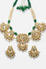 Green And White Necklace With Earring Jewelry Set With Kundan And Pearls