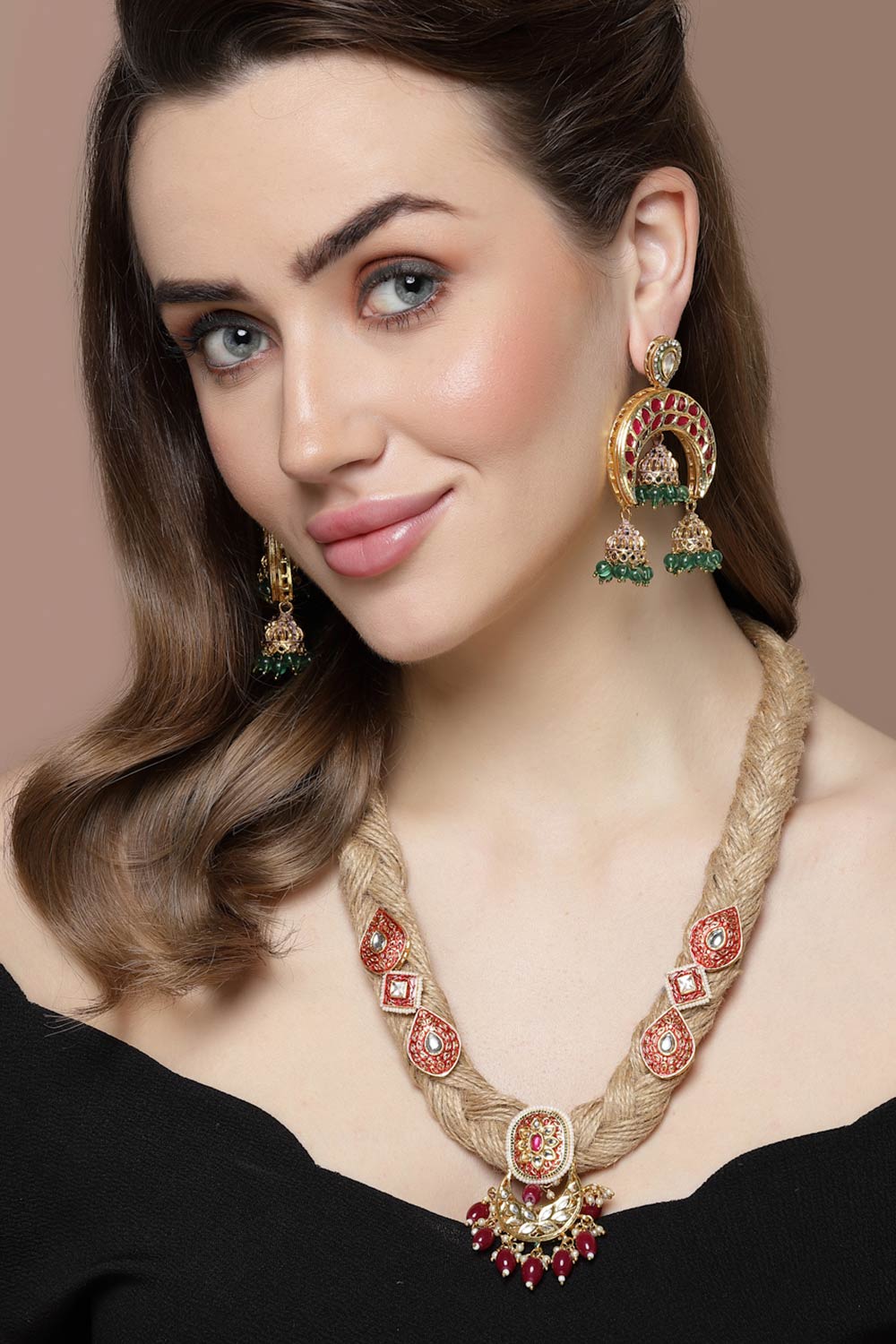 Pink And Red Necklace With Earring Jewelry Set With Kundan And Pearls