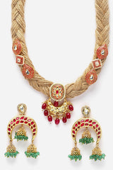 Pink And Red Necklace With Earring Jewelry Set With Kundan And Pearls