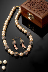 Pink And Cream Necklace With Earring Jewelry Set With American Diamond And Pearls