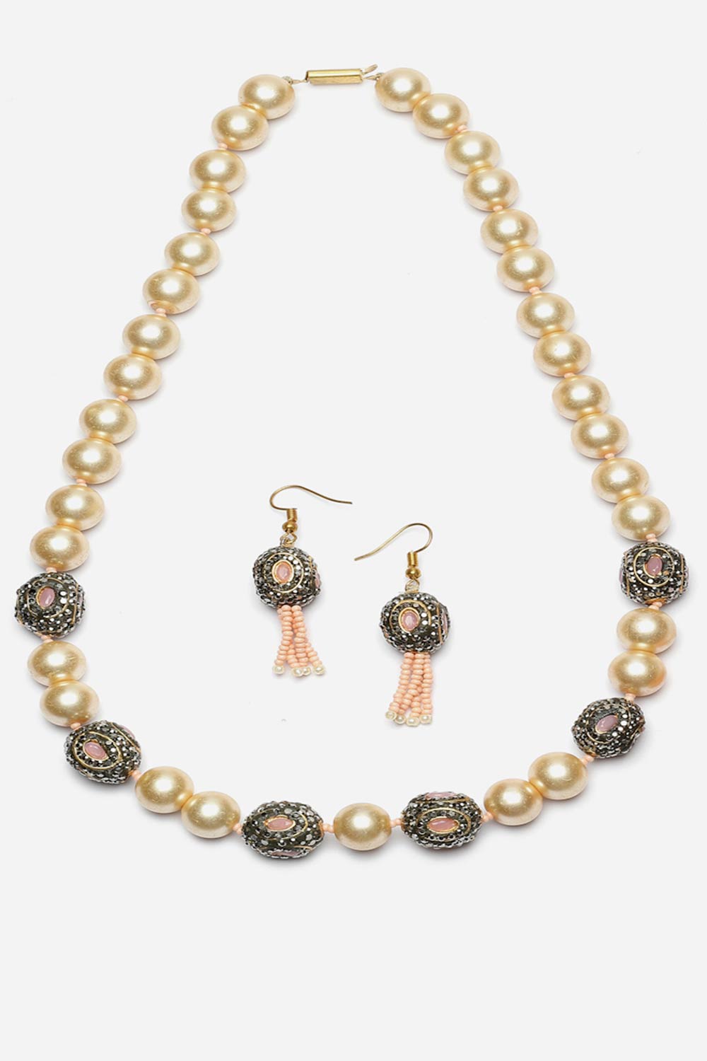 Pink And Cream Necklace With Earring Jewelry Set With American Diamond And Pearls