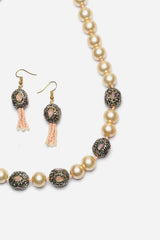 Pink And Cream Necklace With Earring Jewelry Set With American Diamond And Pearls