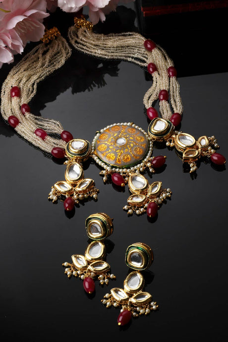 Grey And Red Necklace With Earring Jewelry Set Kundan And Pearls