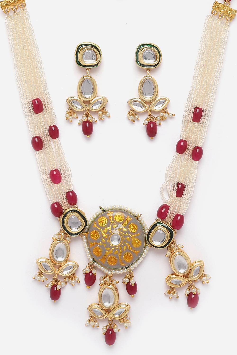 Grey And Red Necklace With Earring Jewelry Set Kundan And Pearls