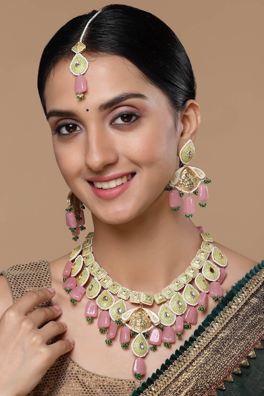 Green And Pink Necklace With Earring Jewelry Set Kundan And Pearls