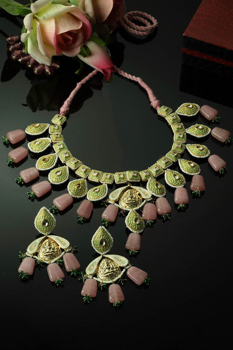 Green And Pink Necklace With Earring Jewelry Set Kundan And Pearls