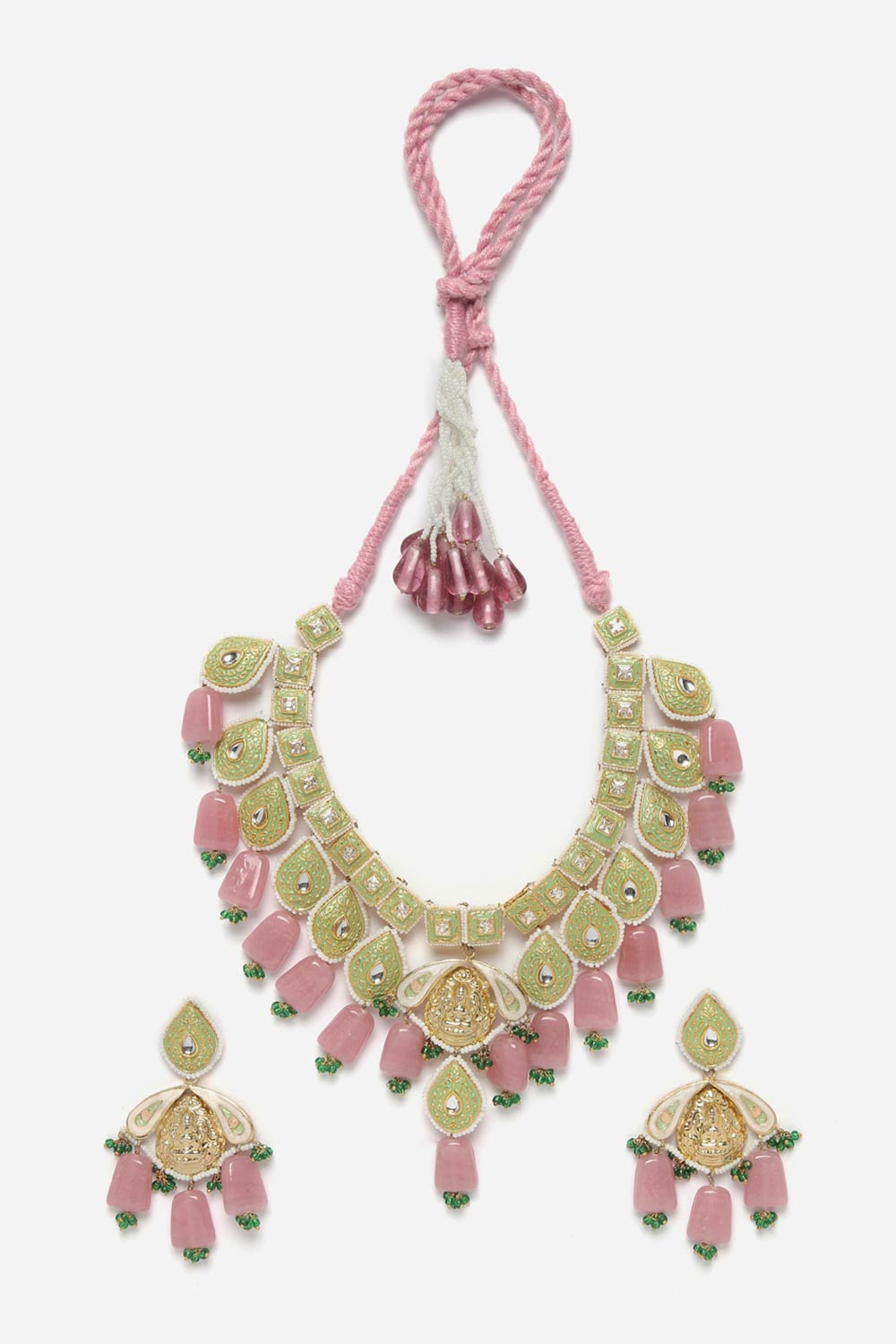 Green And Pink Necklace With Earring Jewelry Set Kundan And Pearls