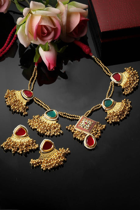 Red And Green Necklace With Earring Jewelry Set Kundan And Pearls