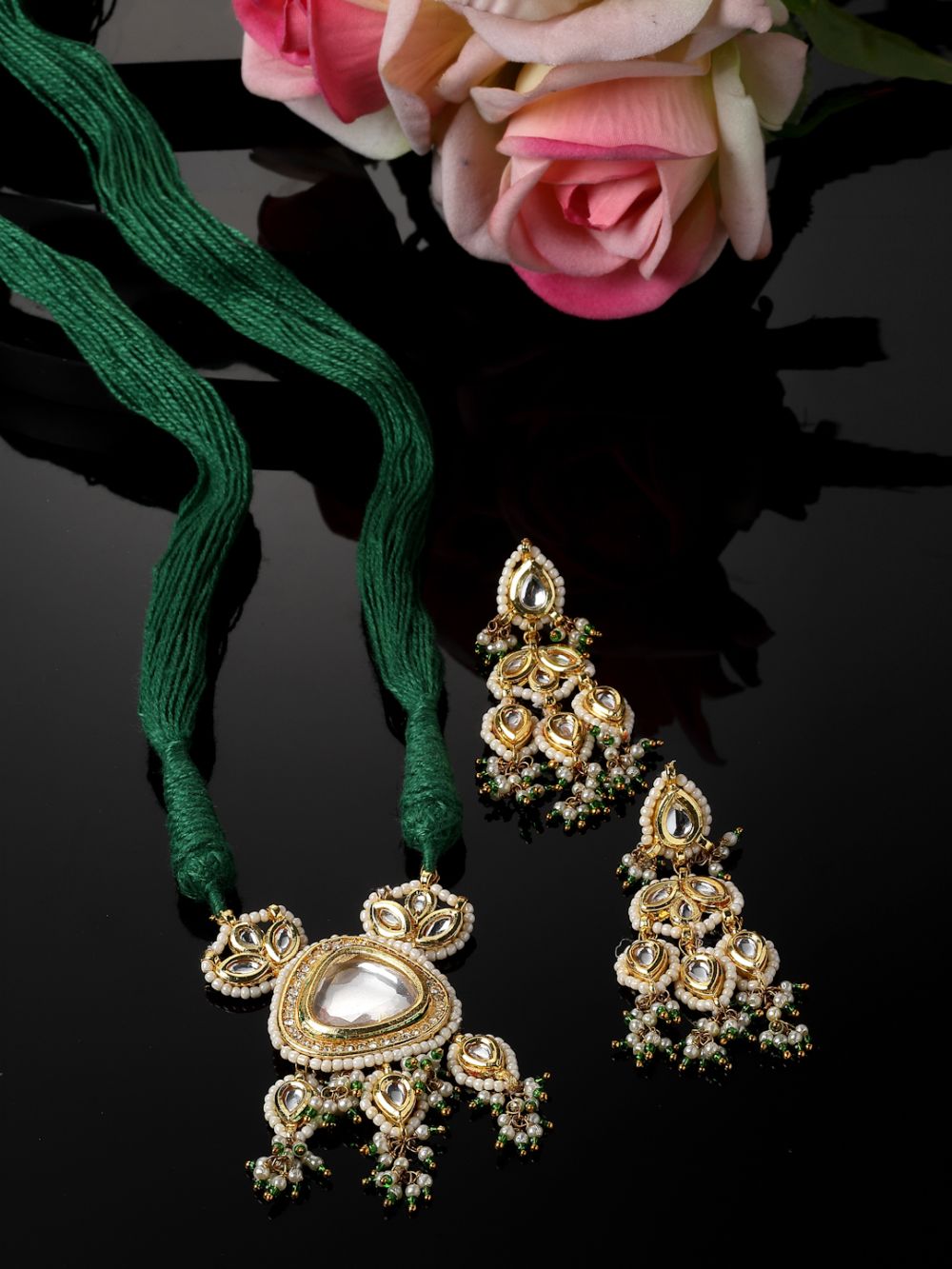Green And Gold Necklace With Earring Jewellery Set With Kundan And American Diamonds