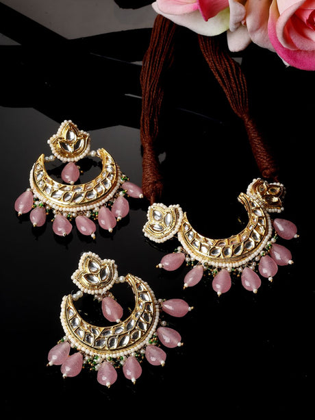 Pink And Gold Necklace With Earring Jeweler Set With Kundan And Pearls
