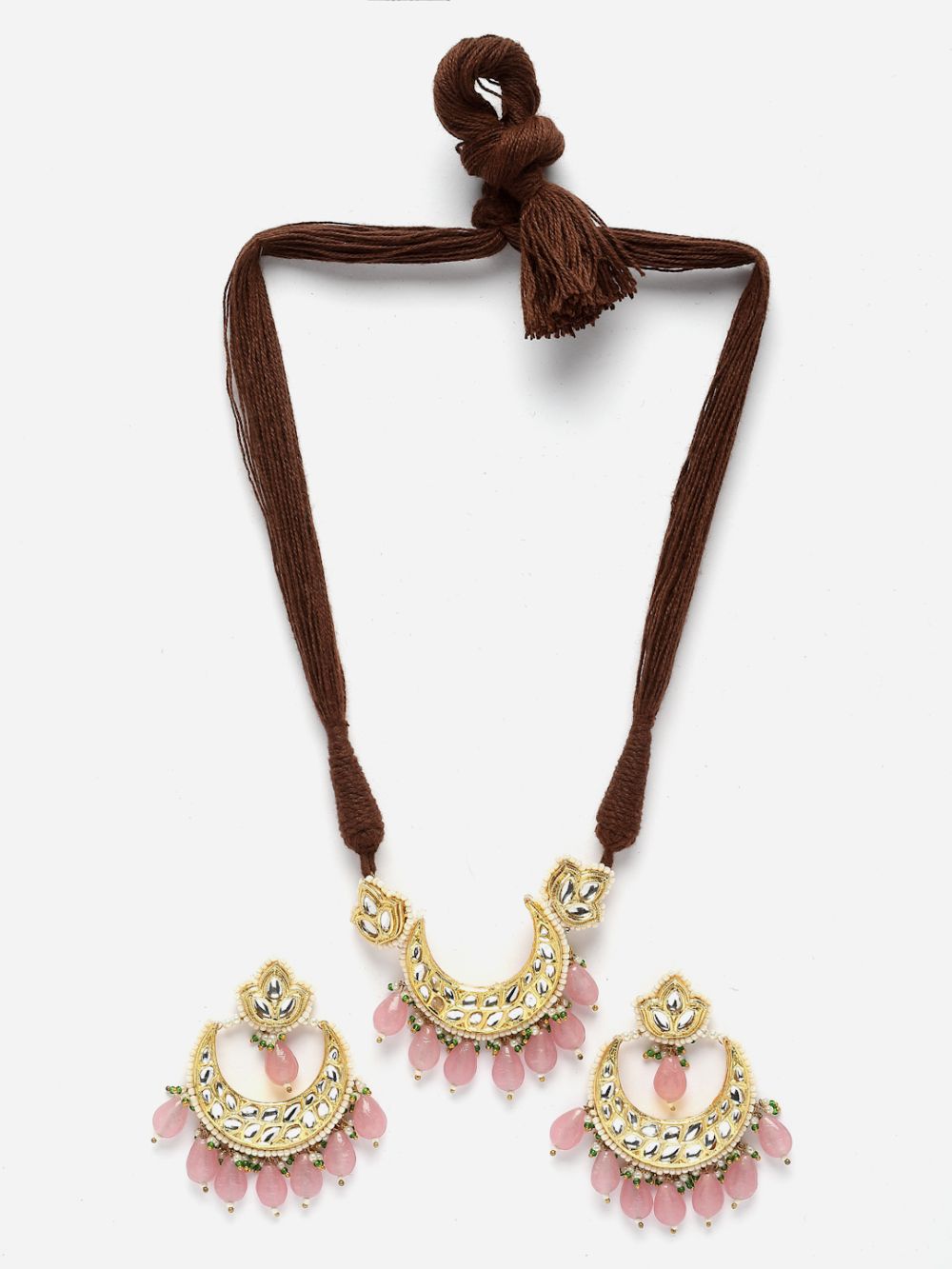 Pink And Gold Necklace With Earring Jewellery Set With Kundan And Pearls