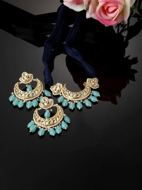 Blue And Gold Necklace With Earring Jewellery Set With Kundan And Pearls