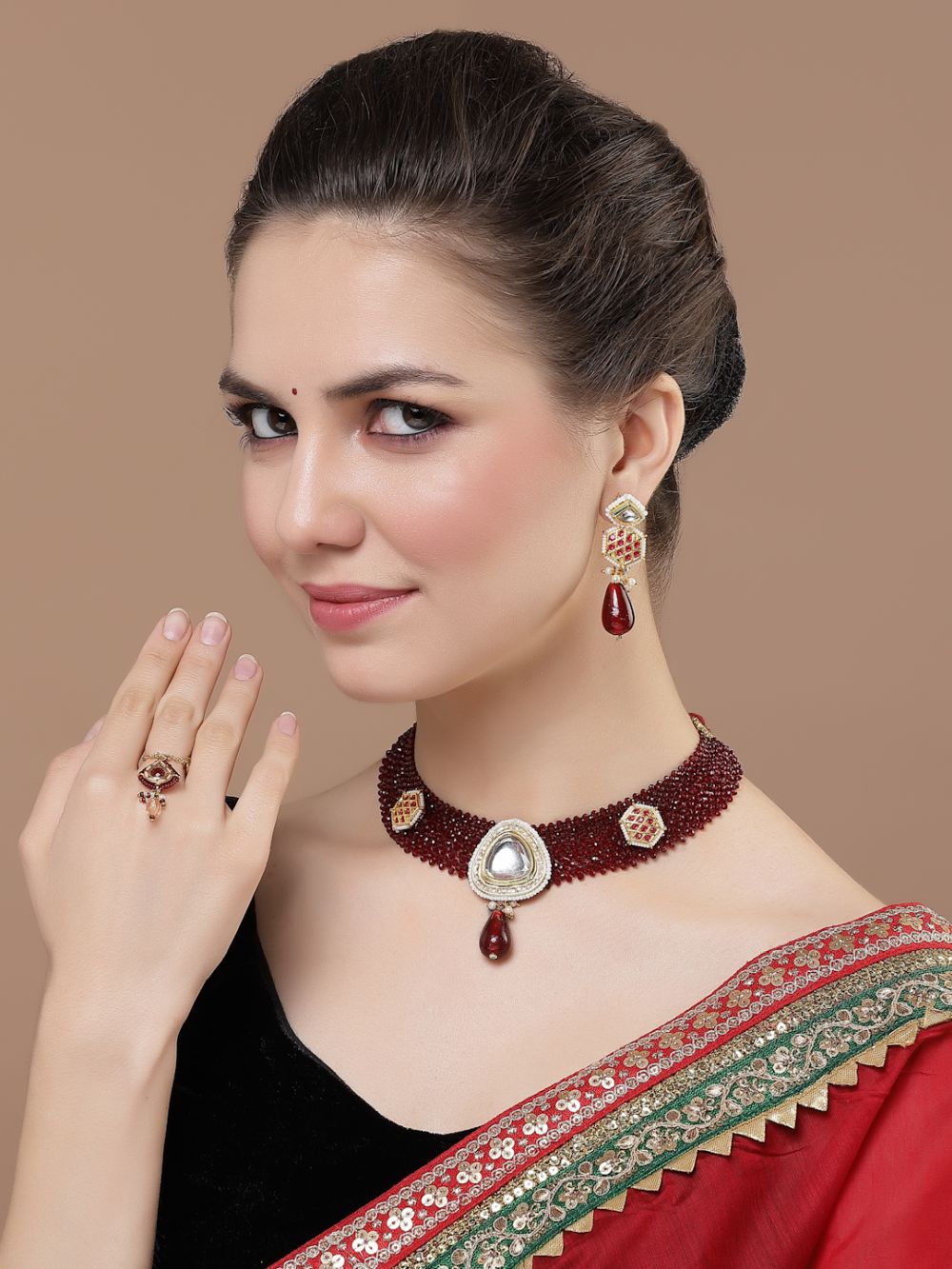 Maroon And Red Necklace With Earring Jewellery Set With Kundan And American Diamonds