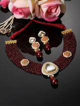 Maroon And Red Necklace With Earring Jewellery Set With Kundan And American Diamonds