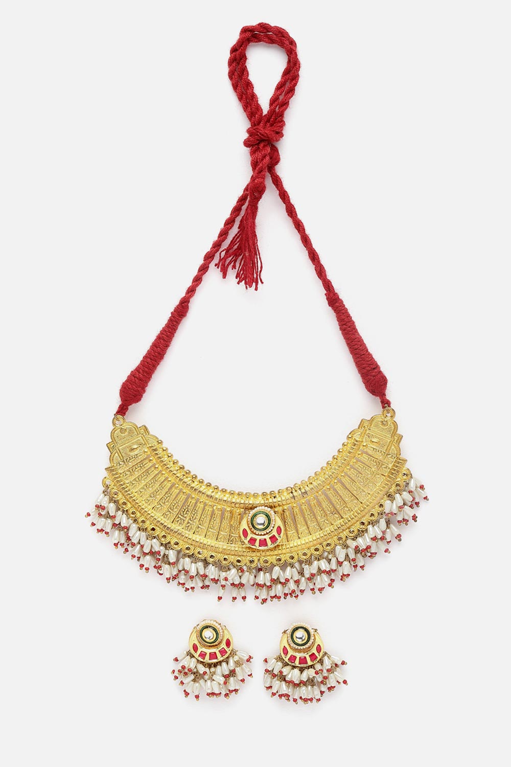 Red And Pink Necklace With Earring Jeweler Set Kundan And Pearls