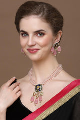 Pink And Blue Necklace With Earring Jeweler Set Kundan And Pearls