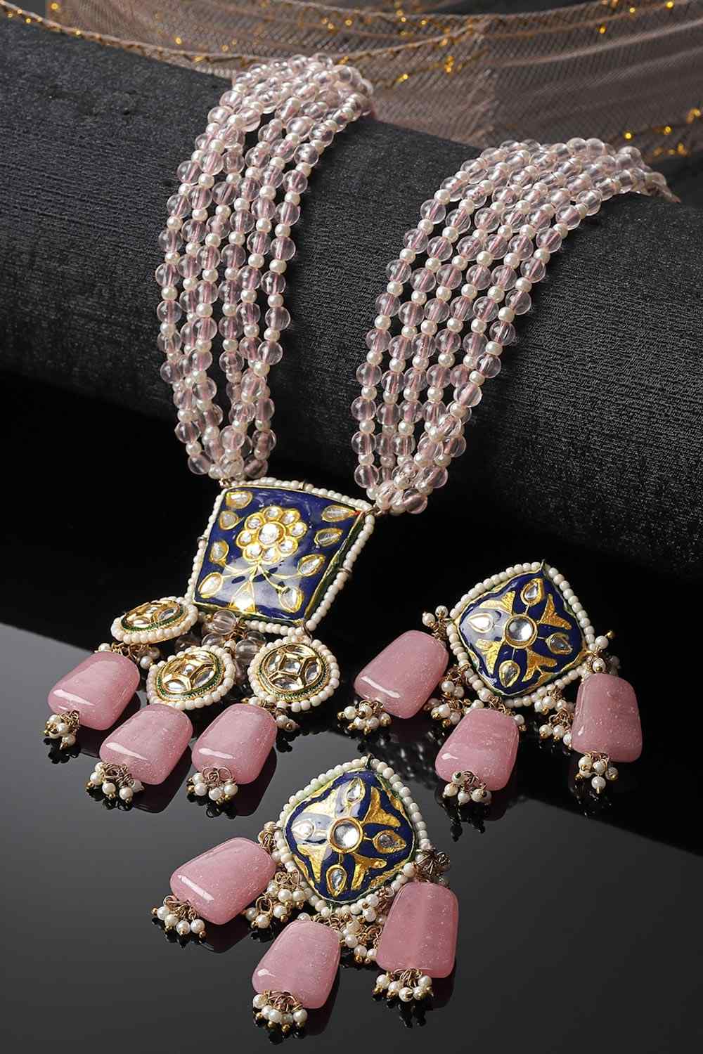 Pink And Blue Necklace With Earring Jeweler Set Kundan And Pearls