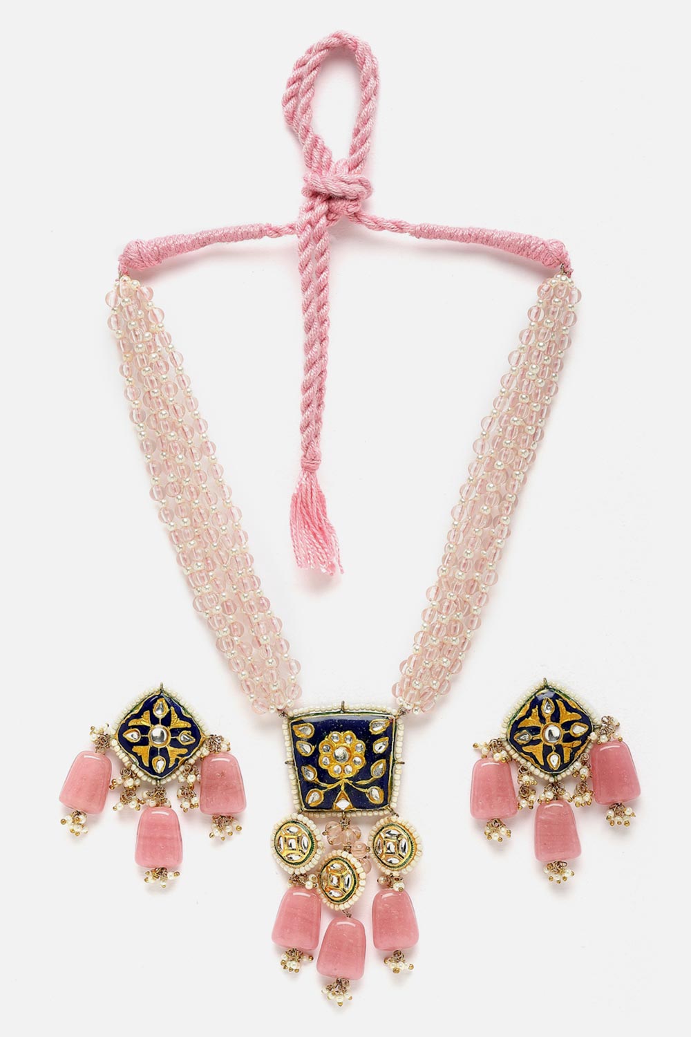 Pink And Blue Necklace With Earring Jeweler Set Kundan And Pearls