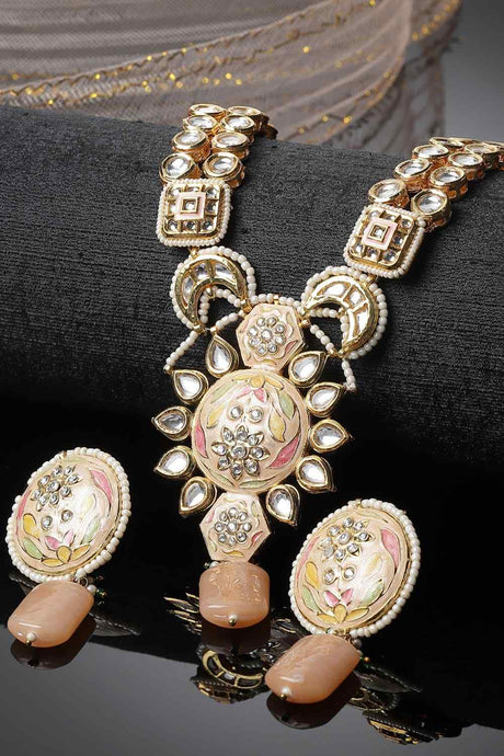 Peach And Orange Necklace With Earring Jeweler Set Kundan And Pearls