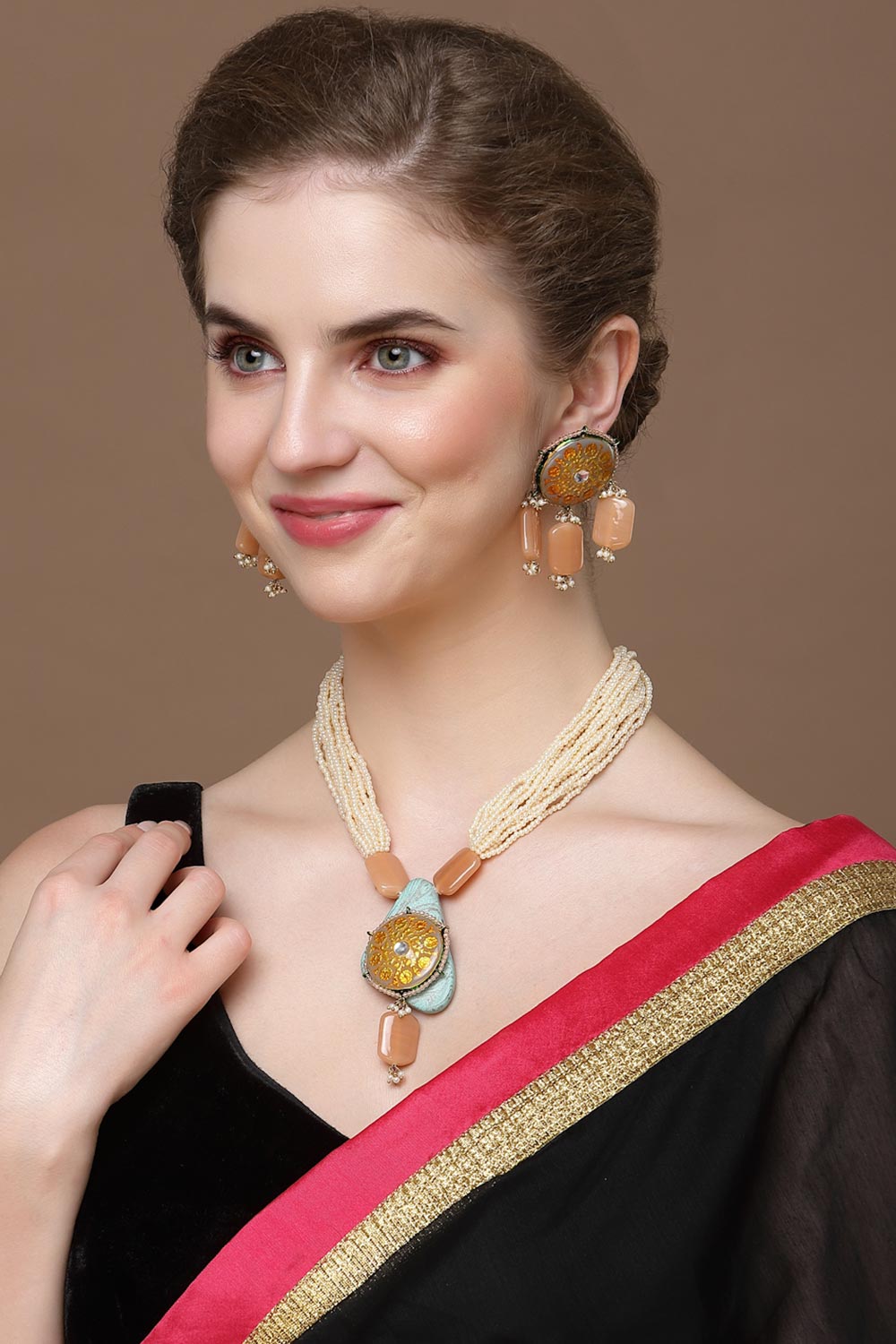 Orange And Grey Necklace With Earring Jeweler Set Kundan And Pearls