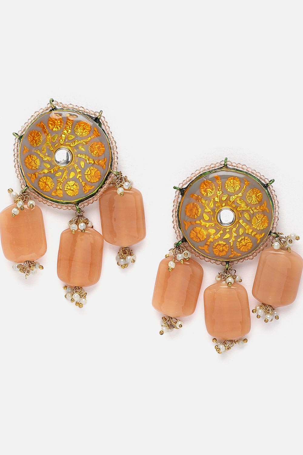 Orange And Grey Necklace With Earring Jeweler Set Kundan And Pearls