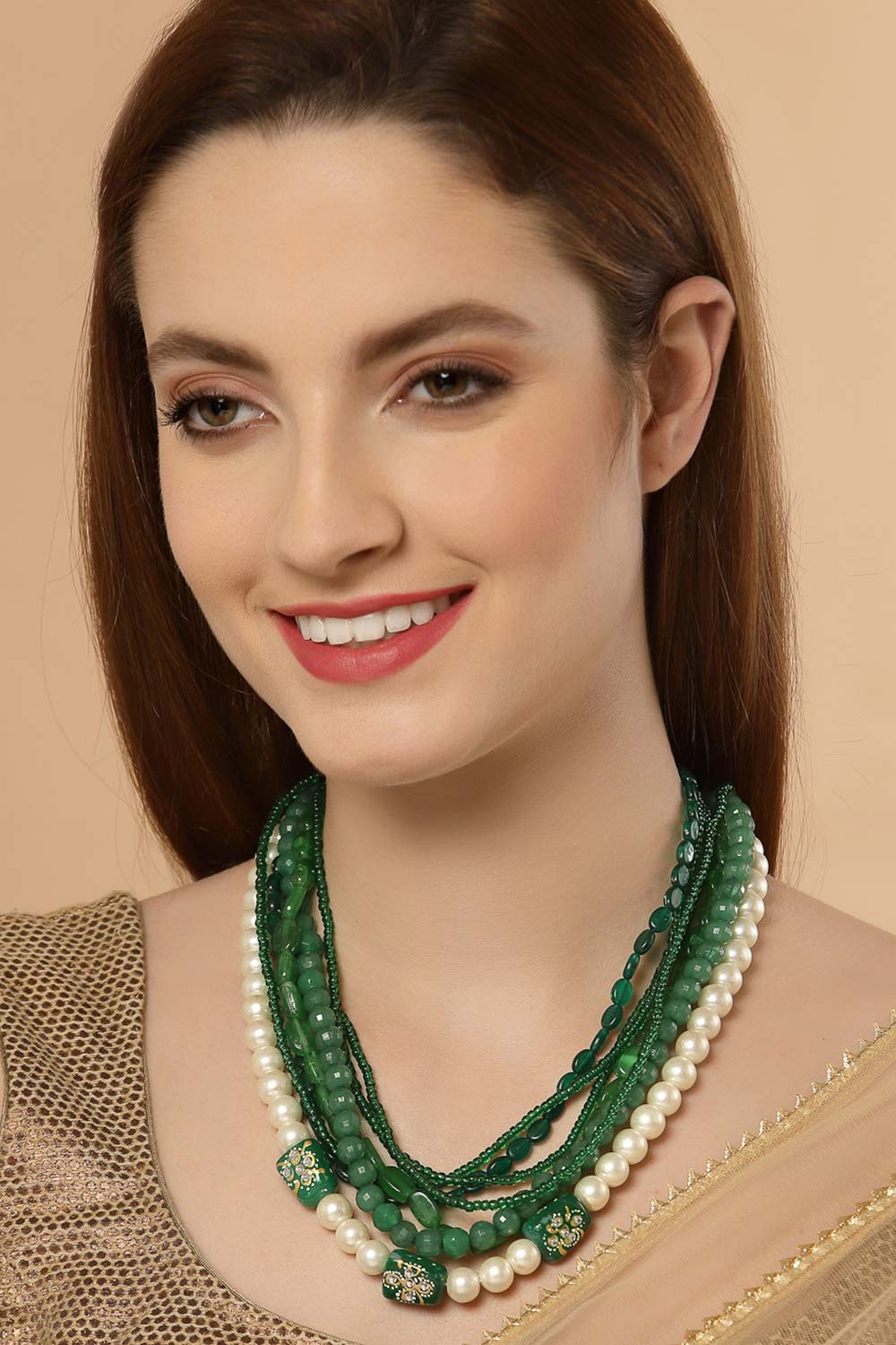 Green And White Gold-Plated Kundan And Pearls Necklace