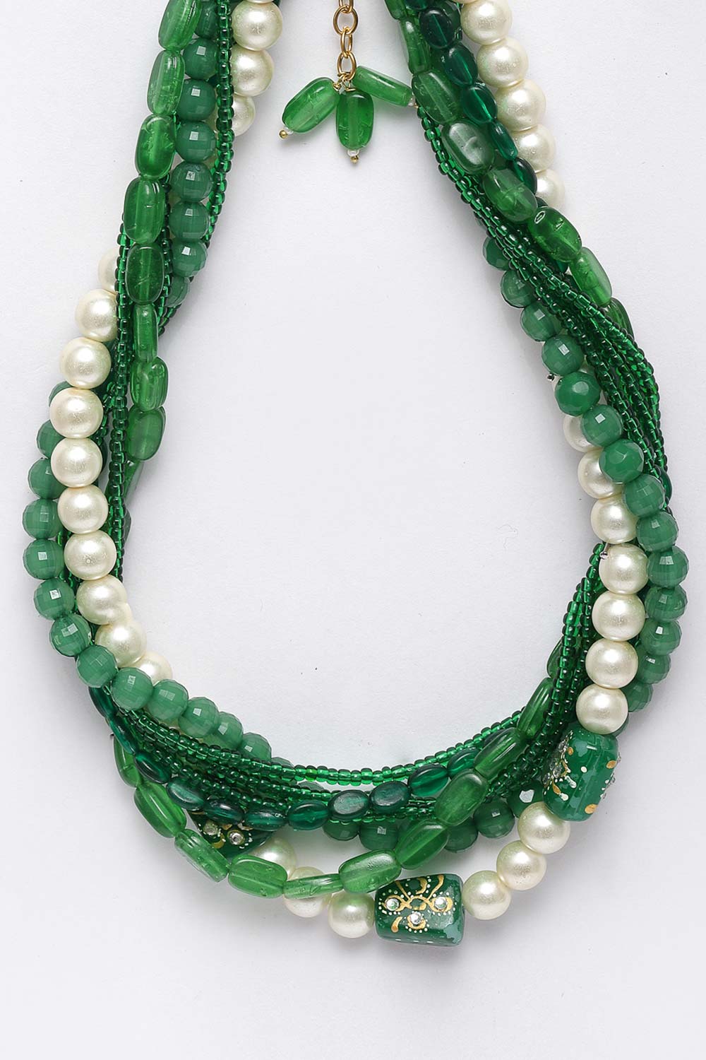 Green And White Gold-Plated Kundan And Pearls Necklace