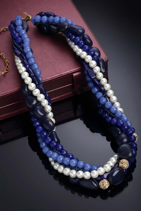 Blue And White Gold-Plated Kundan And Pearls Necklace