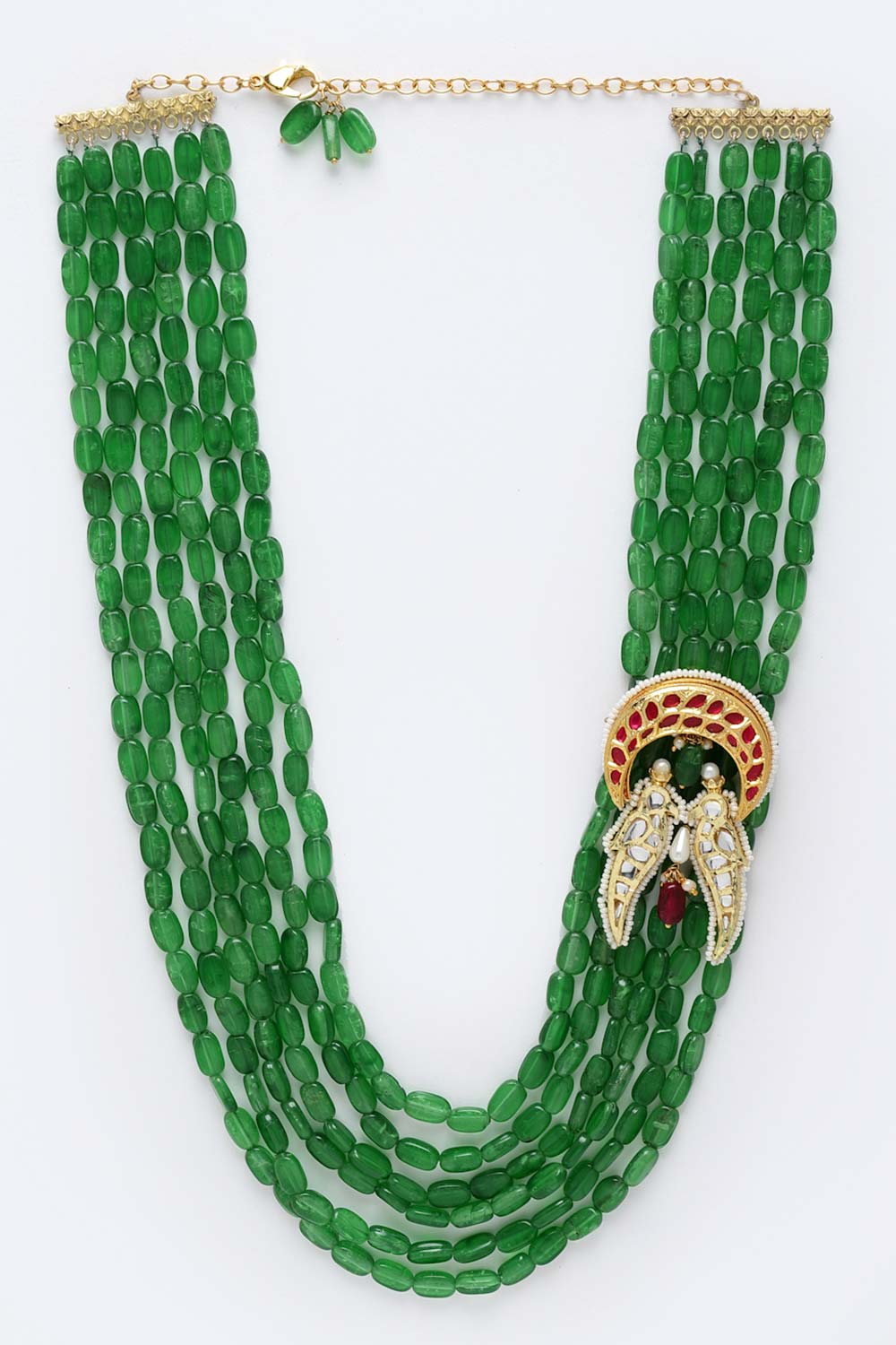 Green And Red Gold-Plated Kundan And Pearls Necklace