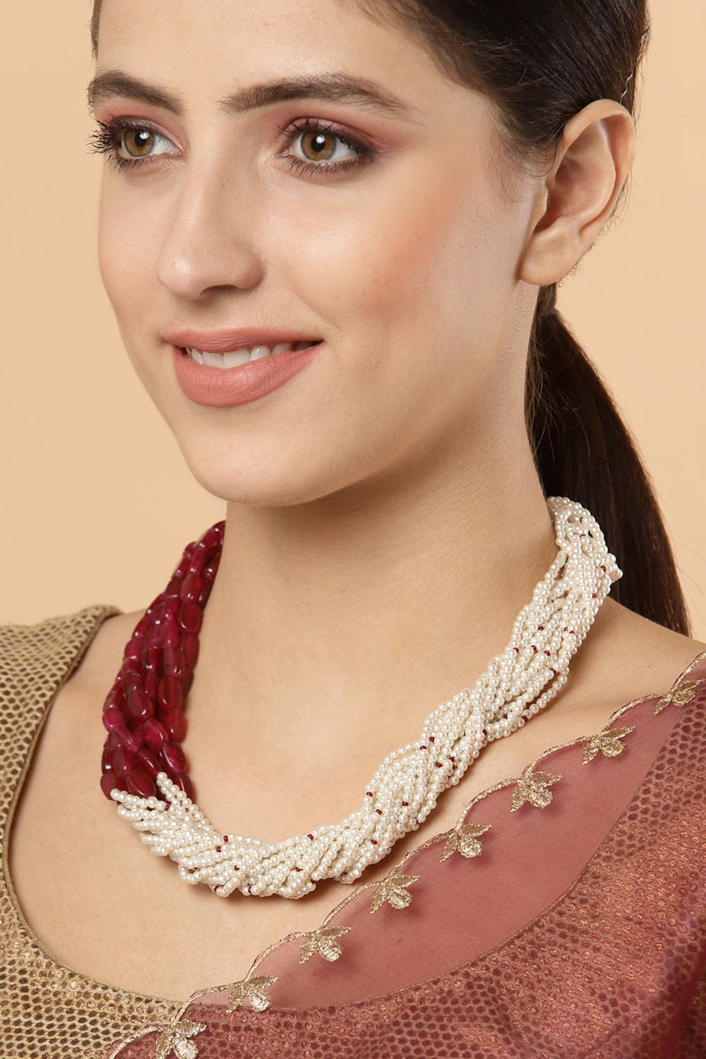 Red And White Gold-Plated Pearls And Natural Stones Necklace