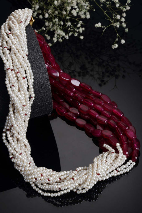 Red And White Gold-Plated Pearls And Natural Stones Necklace
