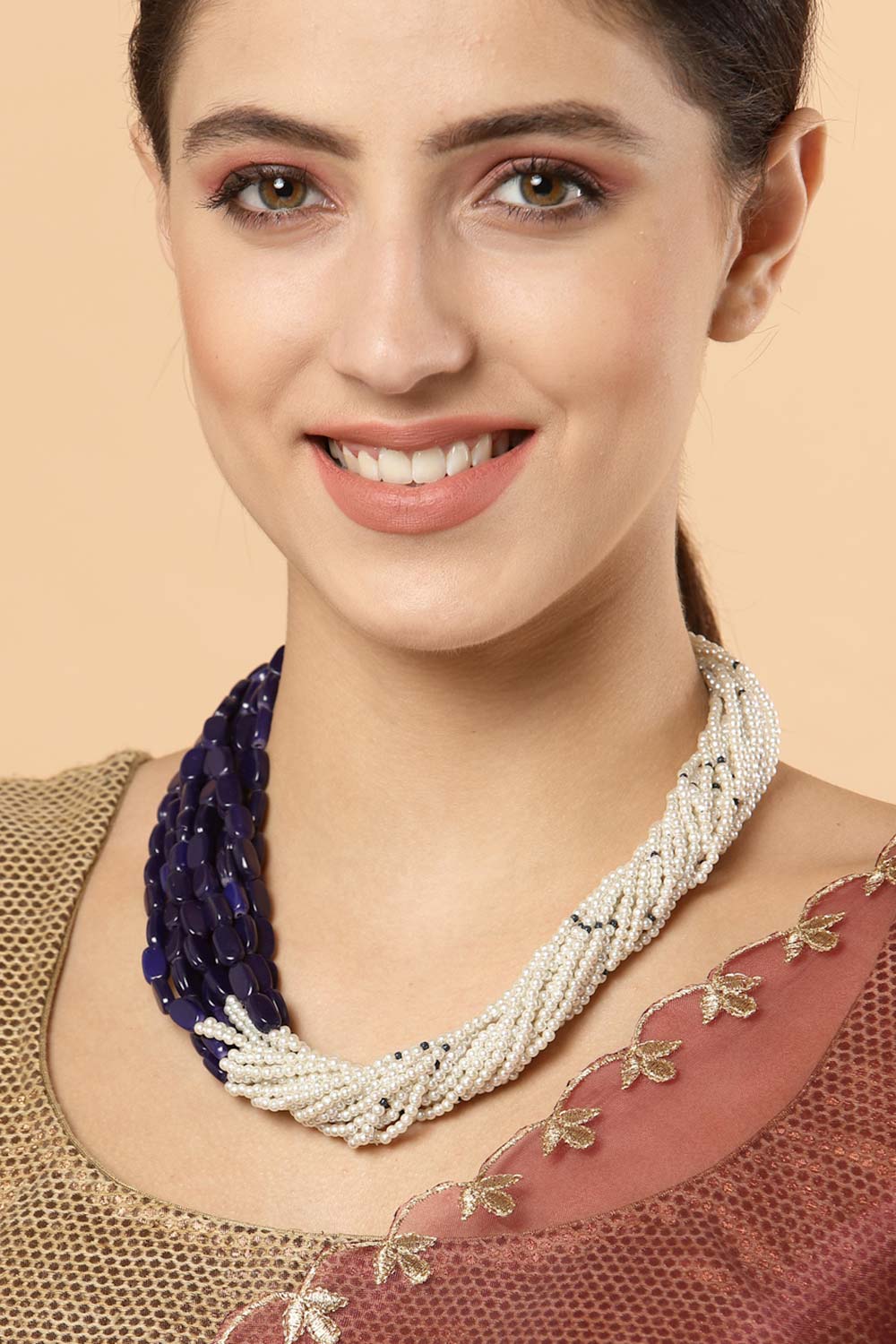 Blue And White Gold-Plated Pearls And Natural Stones Necklace