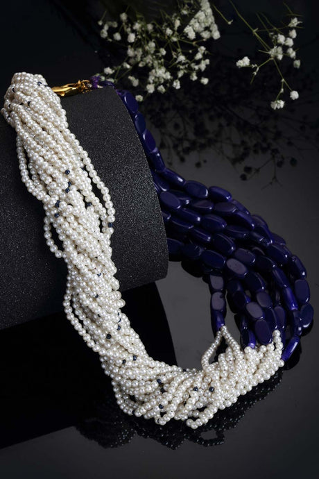 Blue And White Gold-Plated Pearls And Natural Stones Necklace