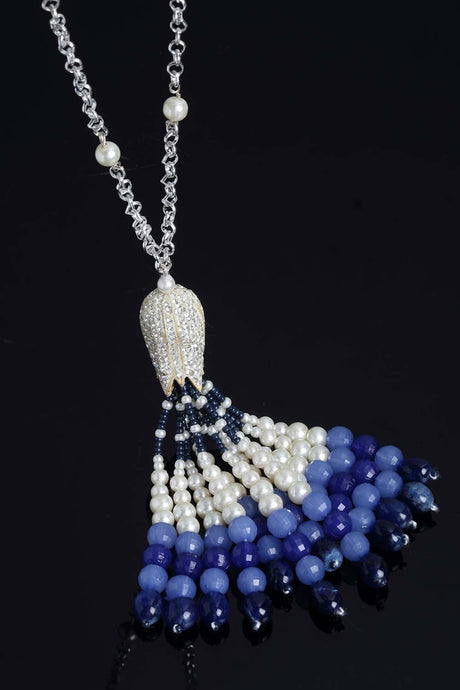 Blue White Silver Silver-Plated Pearls And Natural Stones Necklace