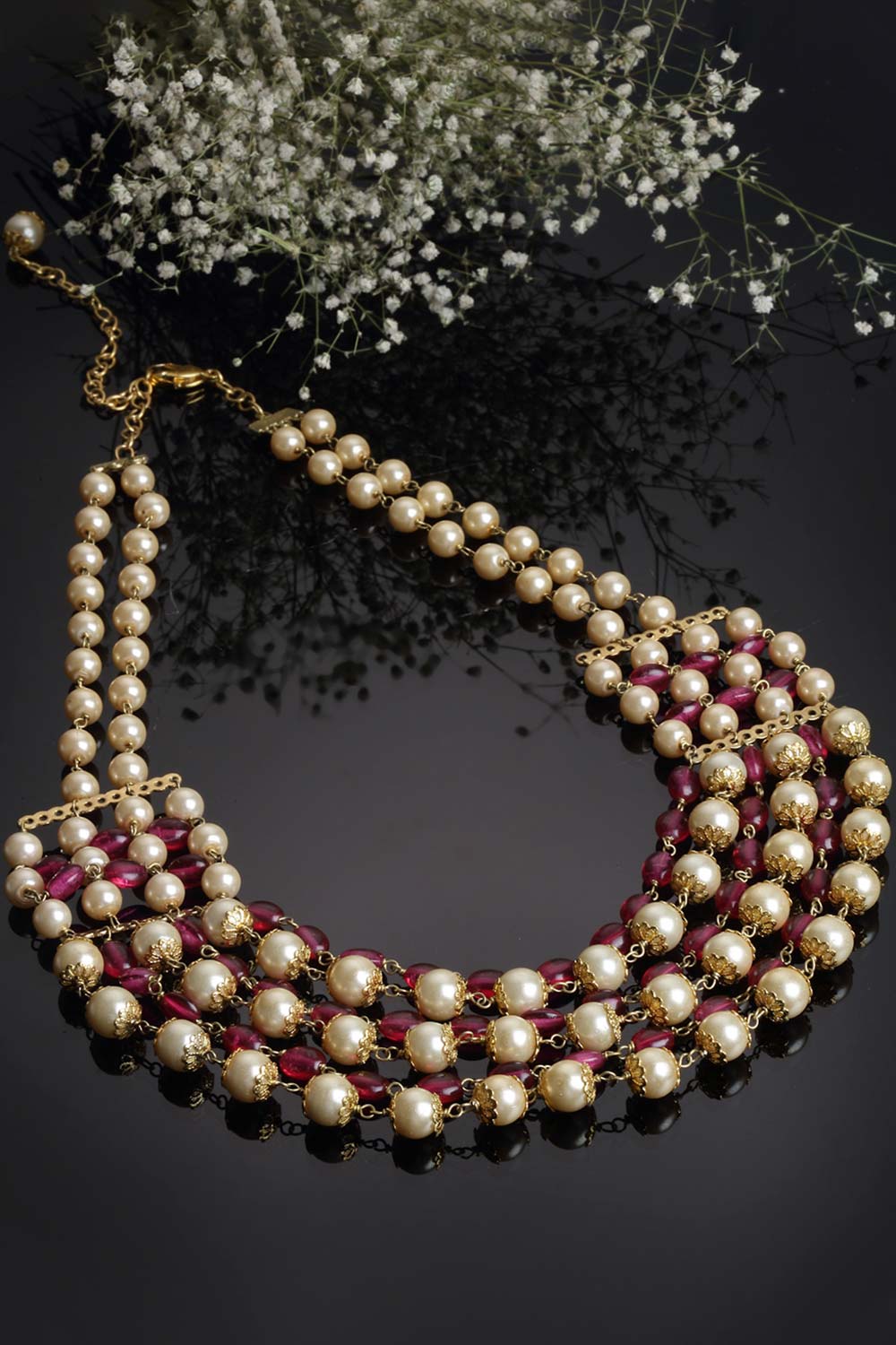 Red And Cream Gold-Plated Pearls And Ruby Necklace