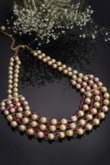 Red And Cream Gold-Plated Pearls And Ruby Necklace