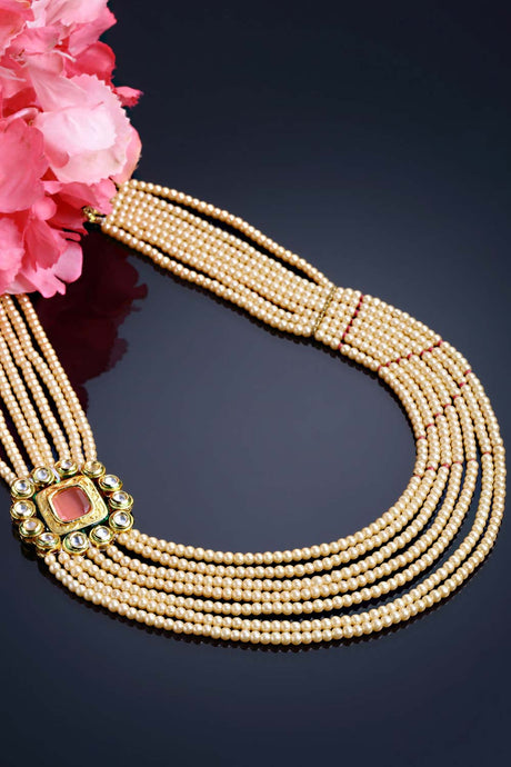 Red And White Gold-Plated Kundan And Pearls Necklace