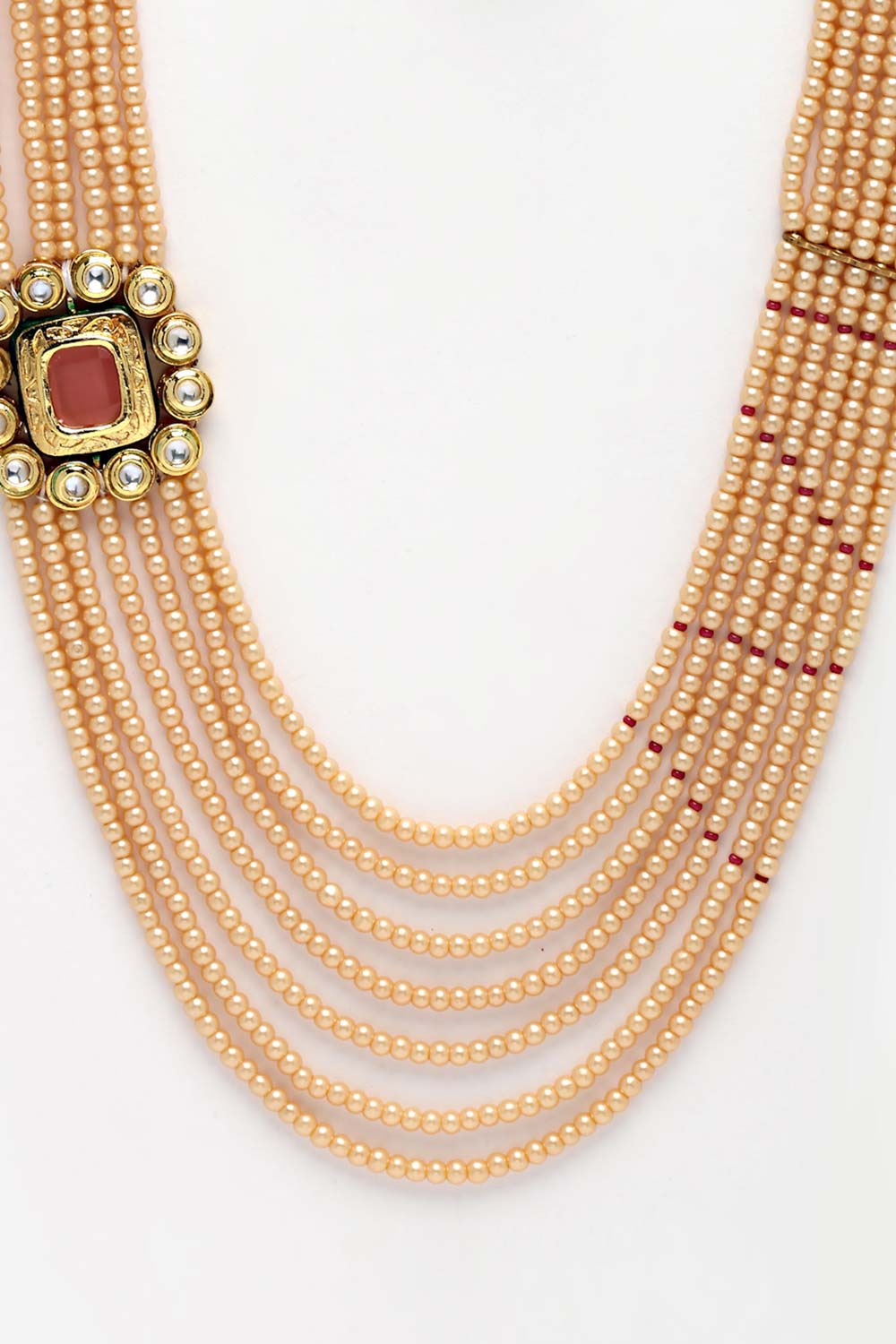 Red And White Gold-Plated Kundan And Pearls Necklace